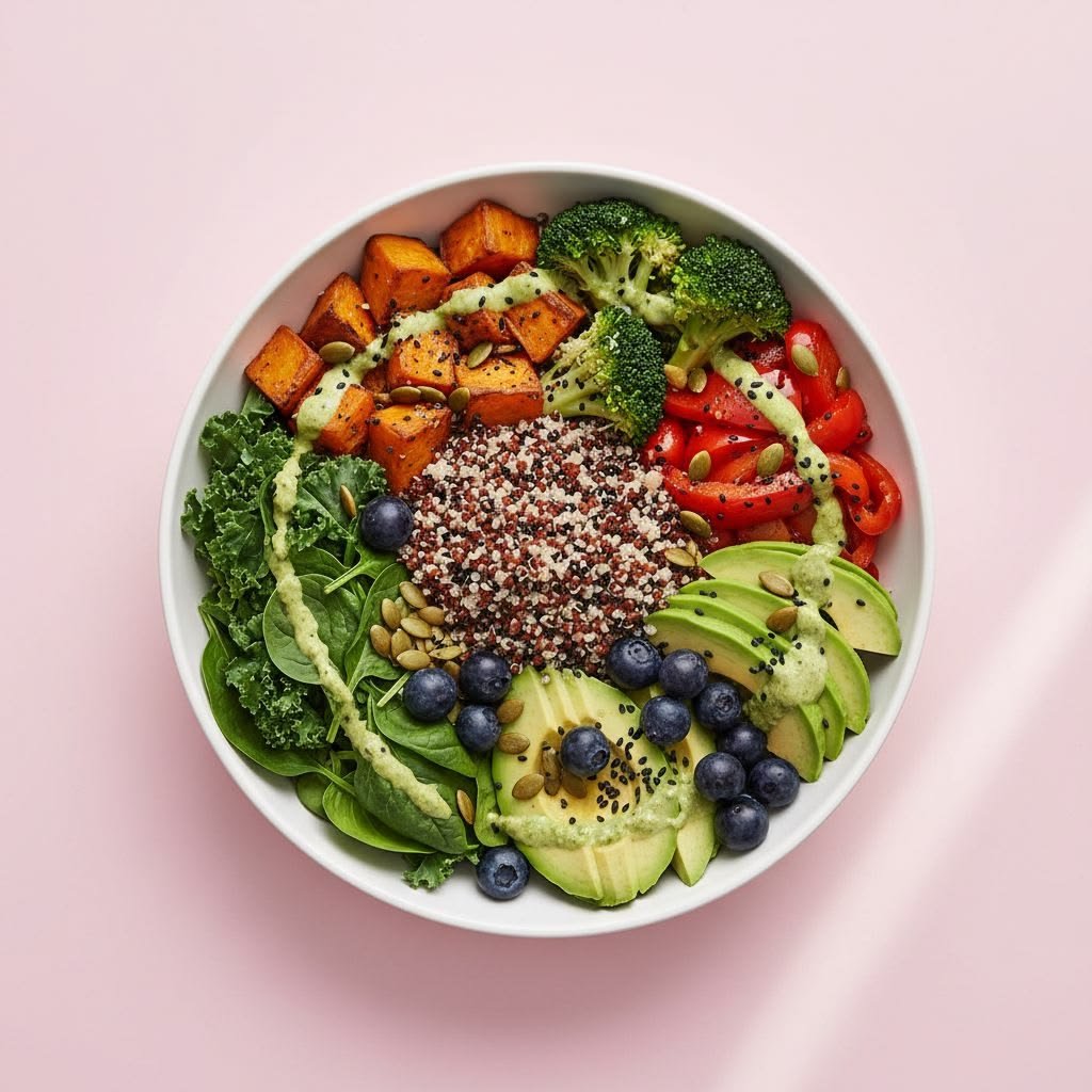 A table of colourful plant-based dishes made with fresh vegetables
